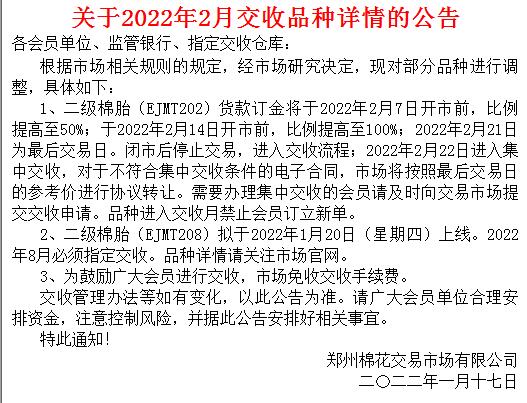 郑州棉花关于2022年2月交收品种详情的公告