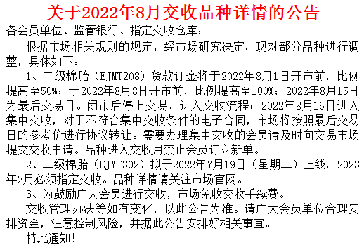 关于郑州棉花2022年8月交收品种详情的公告