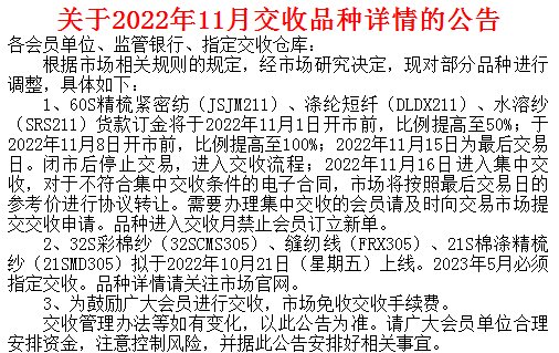 郑州棉花农产品购销市场2022.10月份部分购销品种交收的通知